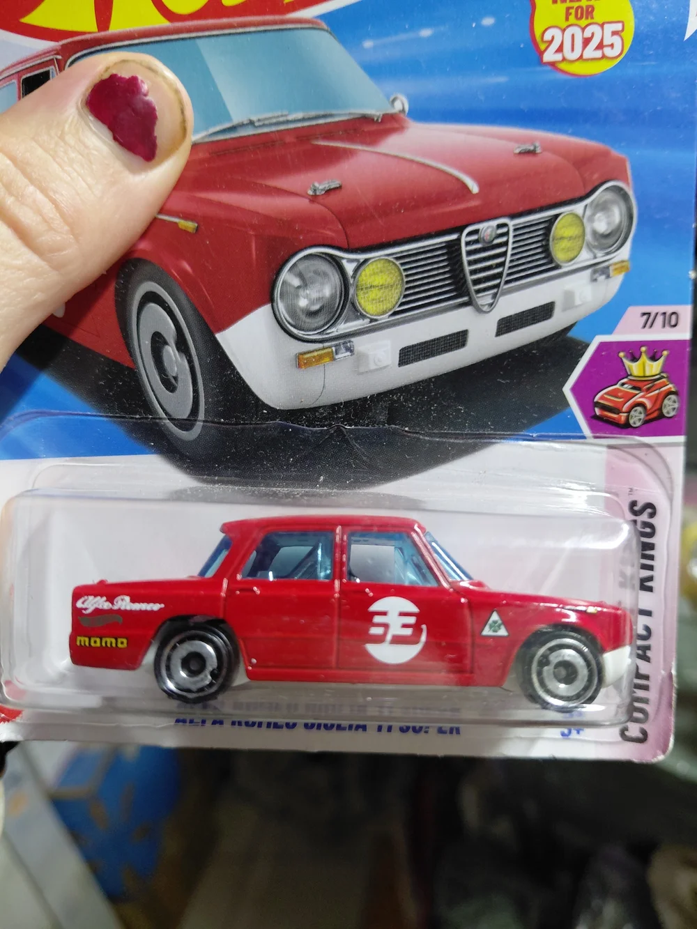 red 2025 Hot Wheels Alfa Romeo Giulia Ti Super from the Compact Kings series wit